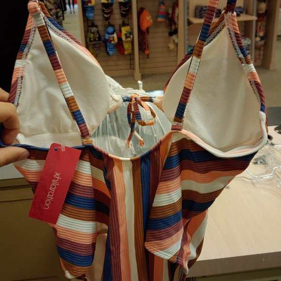 Xhilaration Multi Stripe Medium Juniors' Ribbed Tie-Front One Piece Swimsuit - Picture 7 of 8